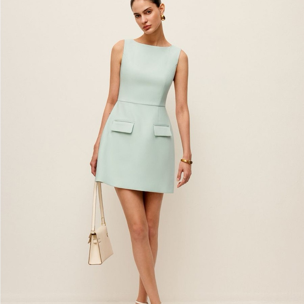 Commense NEW! Pocket Detail Green Sheath Mini Dress Bateau Neckline